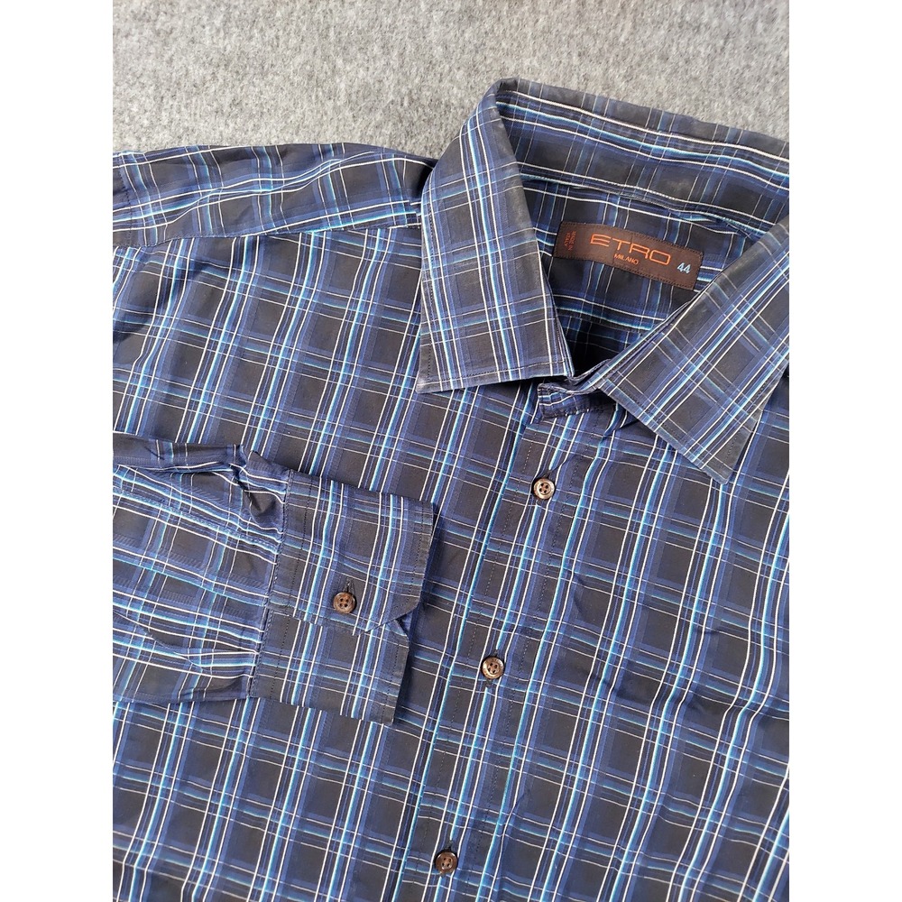 Etro Milano Men 44 17.5 Blue Plaid Button Up Dress Shirt Long Sleeve Italy